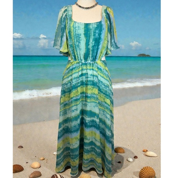 Taylor Dresses & Skirts - Boho Tie Dye Maxi Dress size 14 Chiffon Flutter Sleeve Cut Out Side High Low Hem
